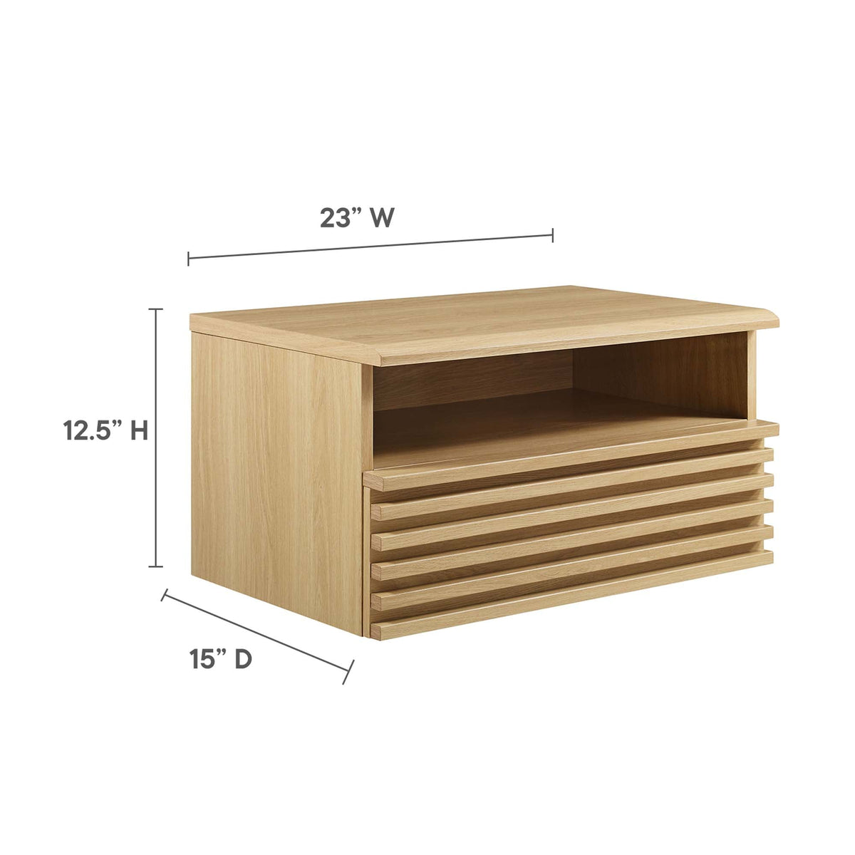 Render wall-mount nightstand in natural oak with open shelf and slatted lower drawers by Modway on Tampa Home & Garden Store