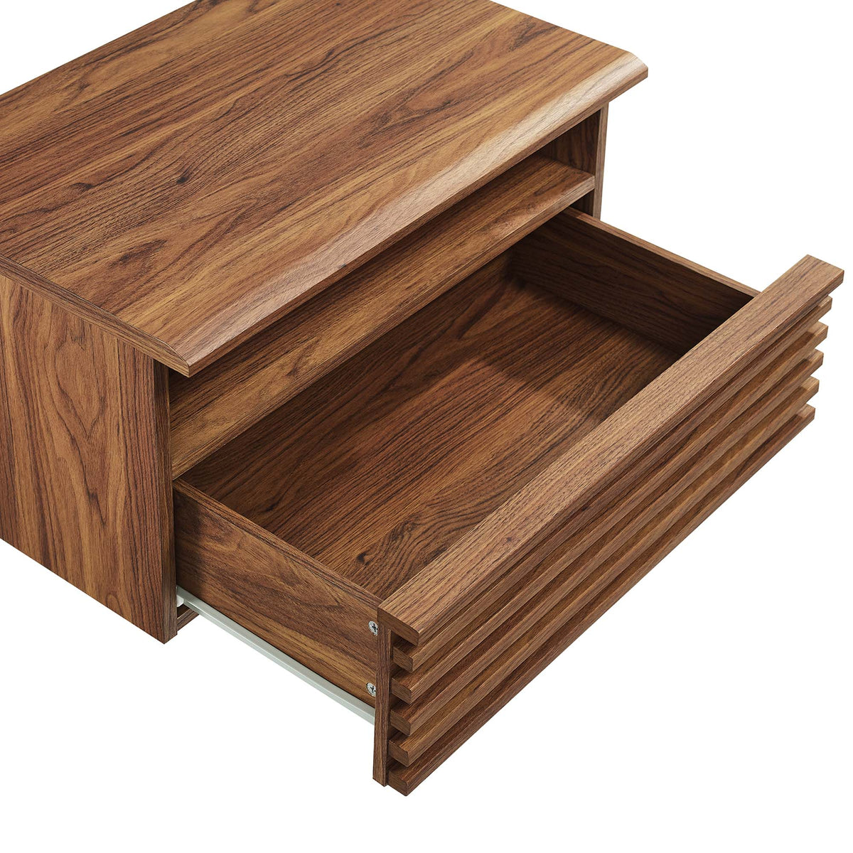 Render Wall-Mount Nightstand walnut wood finish with open shelf and slatted pull-out drawer on Tampa Home & Garden Store