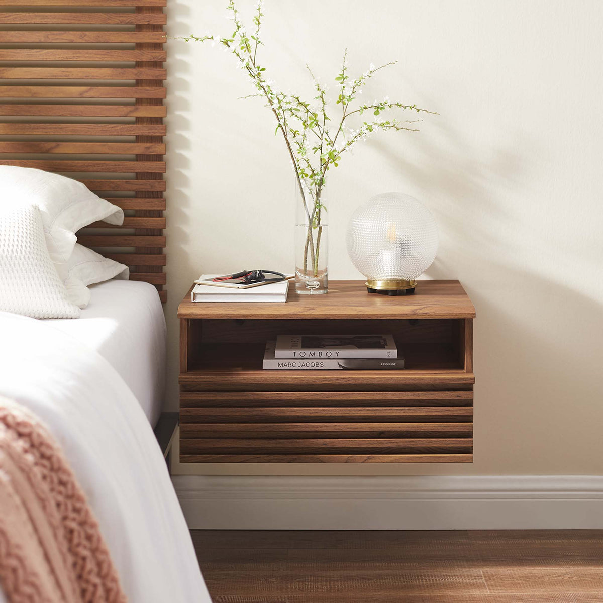Render wall-mount nightstand by Modway in warm wood with slatted sides and open shelf on Tampa Home and Garden Store