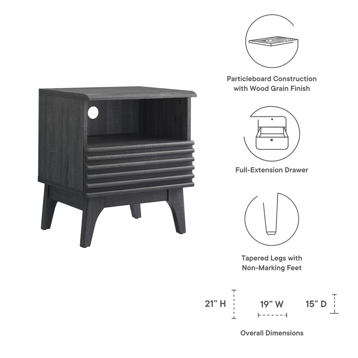 Render Nightstand charcoal woodgrain with open shelf and grooved fronts, tapered legs on Tampa Home & Garden Store