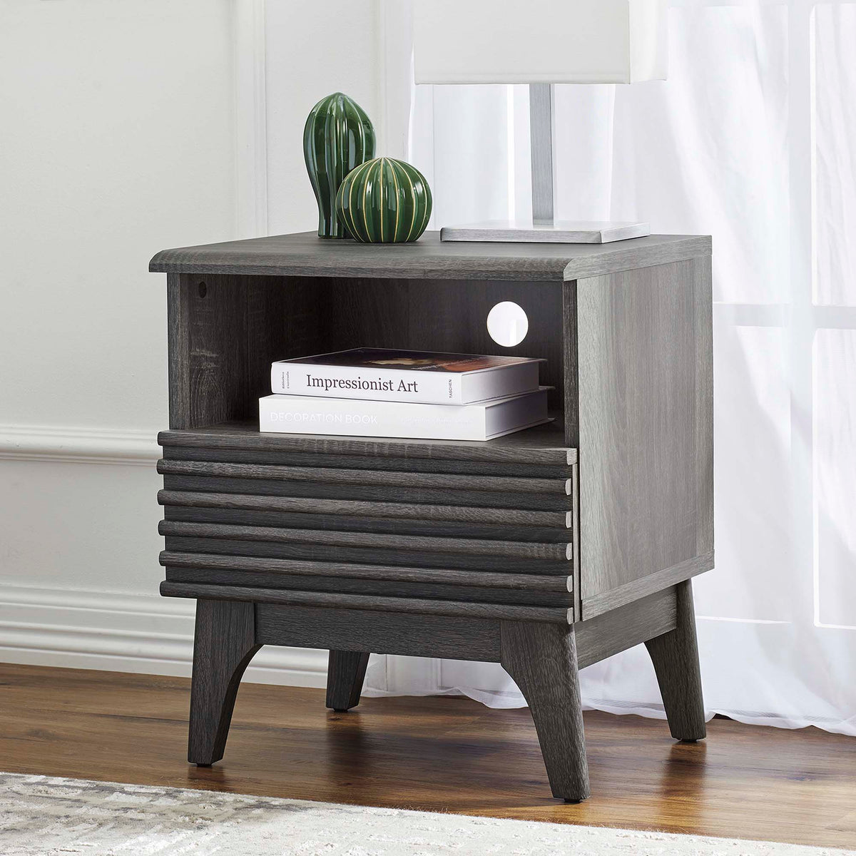 Render Nightstand by Modway in charcoal finish with slatted drawer front and top lamp on Tampa Home & Garden Store