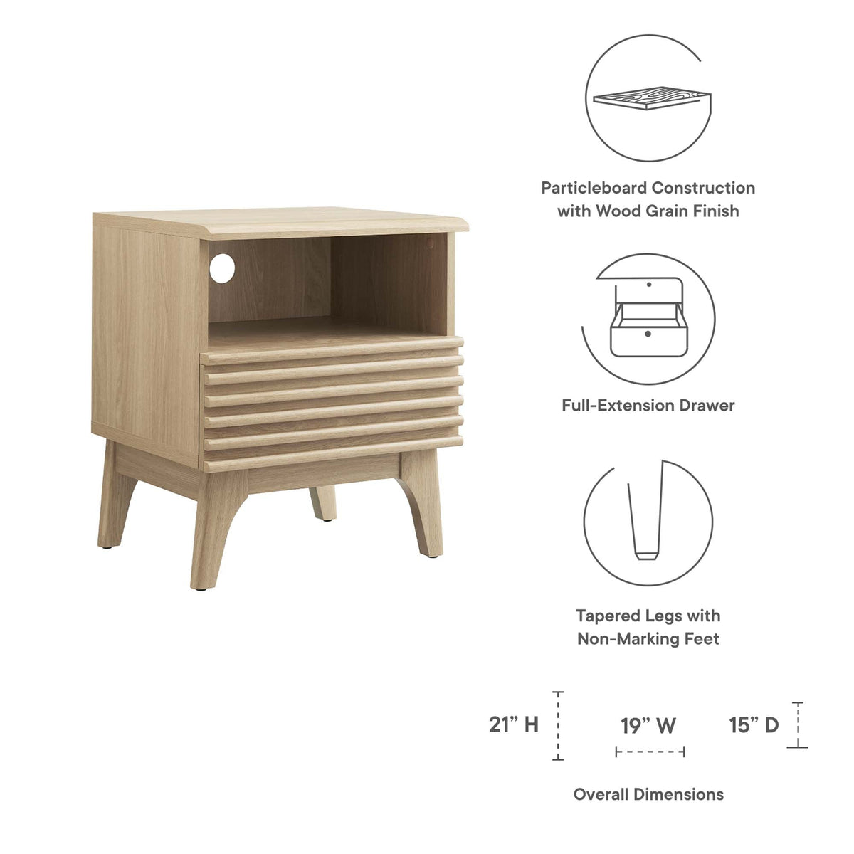 Modway Render Nightstand in oak wood grain with slatted front and open shelf on Tampa Home & Garden Store