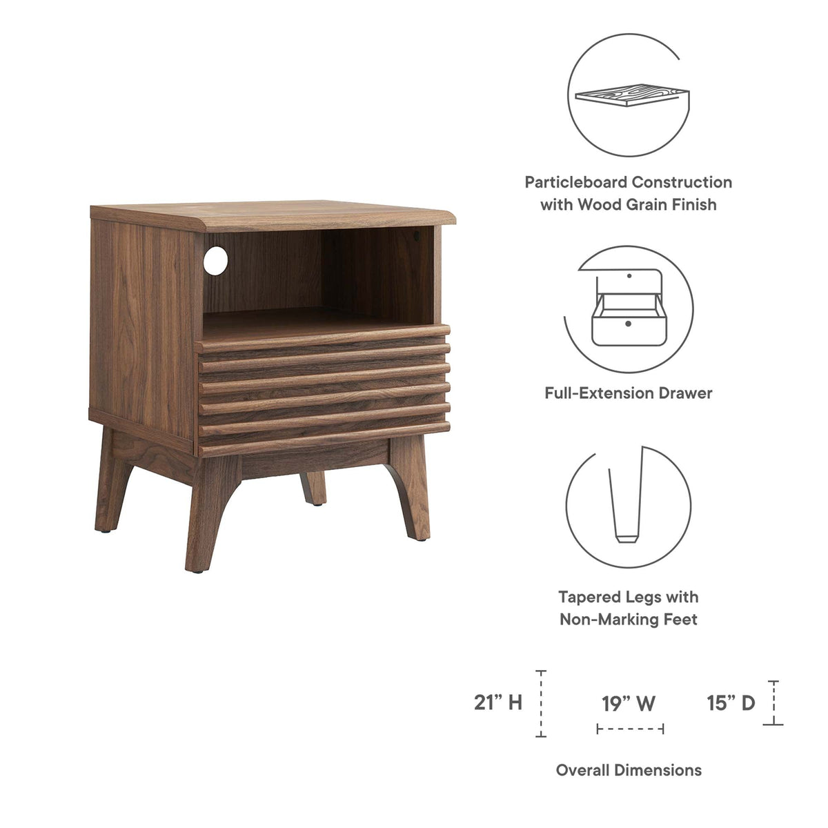 Render Nightstand by Modway in charcoal oak walnut wood grain with open shelf on Tampa Home & Garden Store