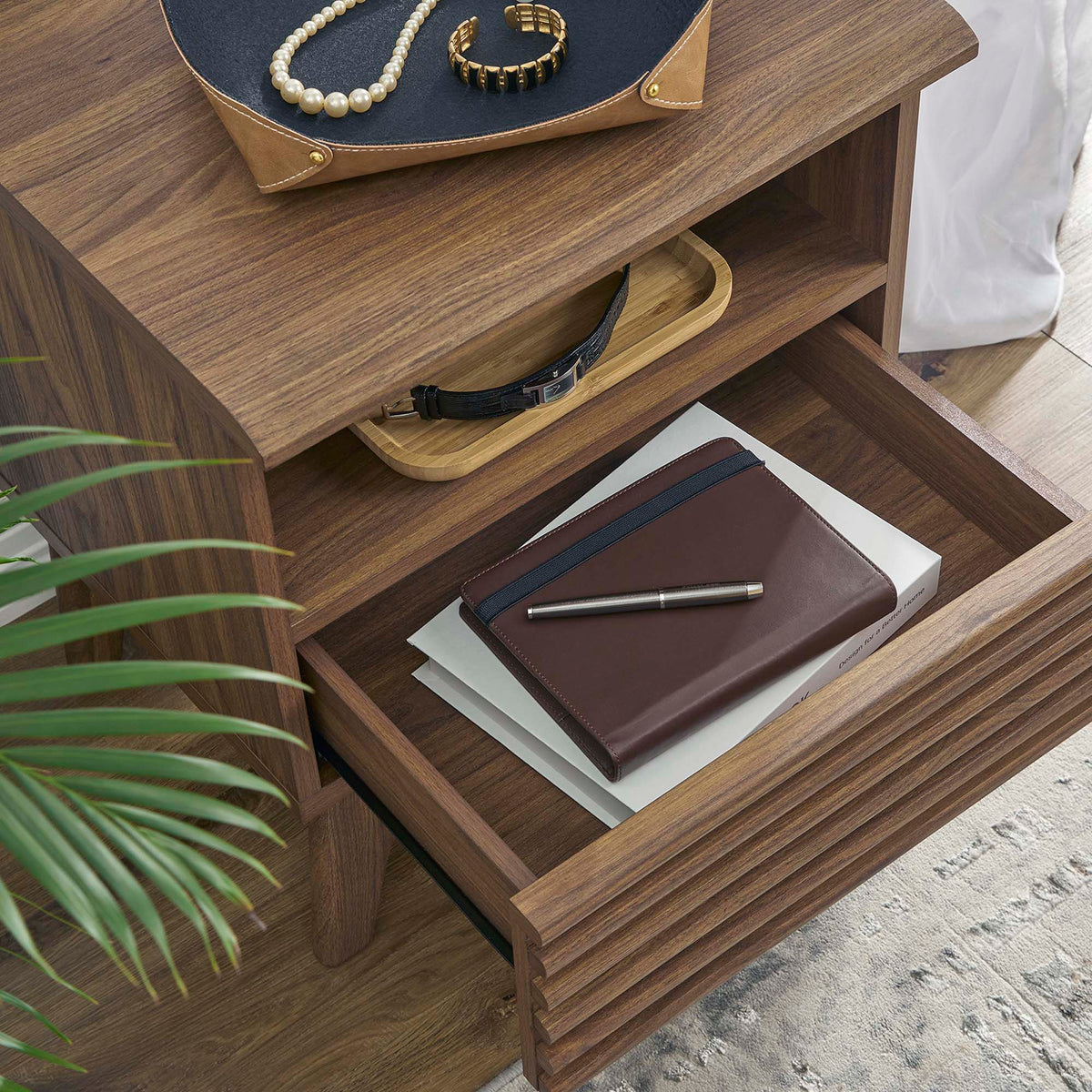 Render Nightstand by Modway in charcoal oak walnut with open shelf and leather top on Tampa Home & Garden Store