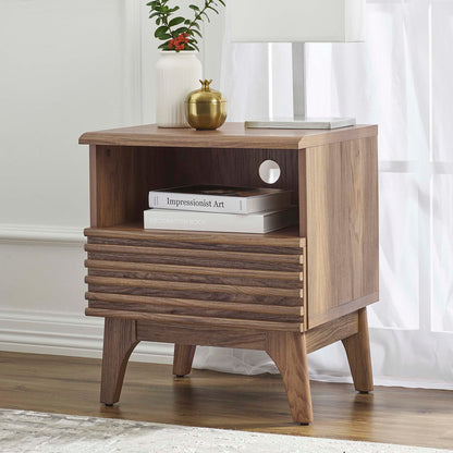 Render Nightstand by Modway in walnut finish with slatted drawer, open shelf on Tampa Home & Garden Store