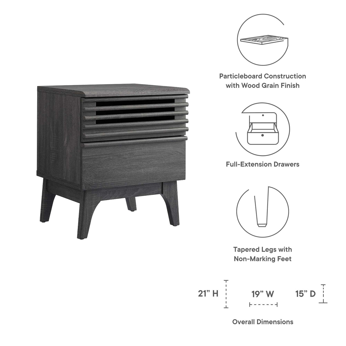 Render Nightstand by Modway in charcoal oak walnut finish with slatted front and tapered legs on Tampa Home & Garden Store