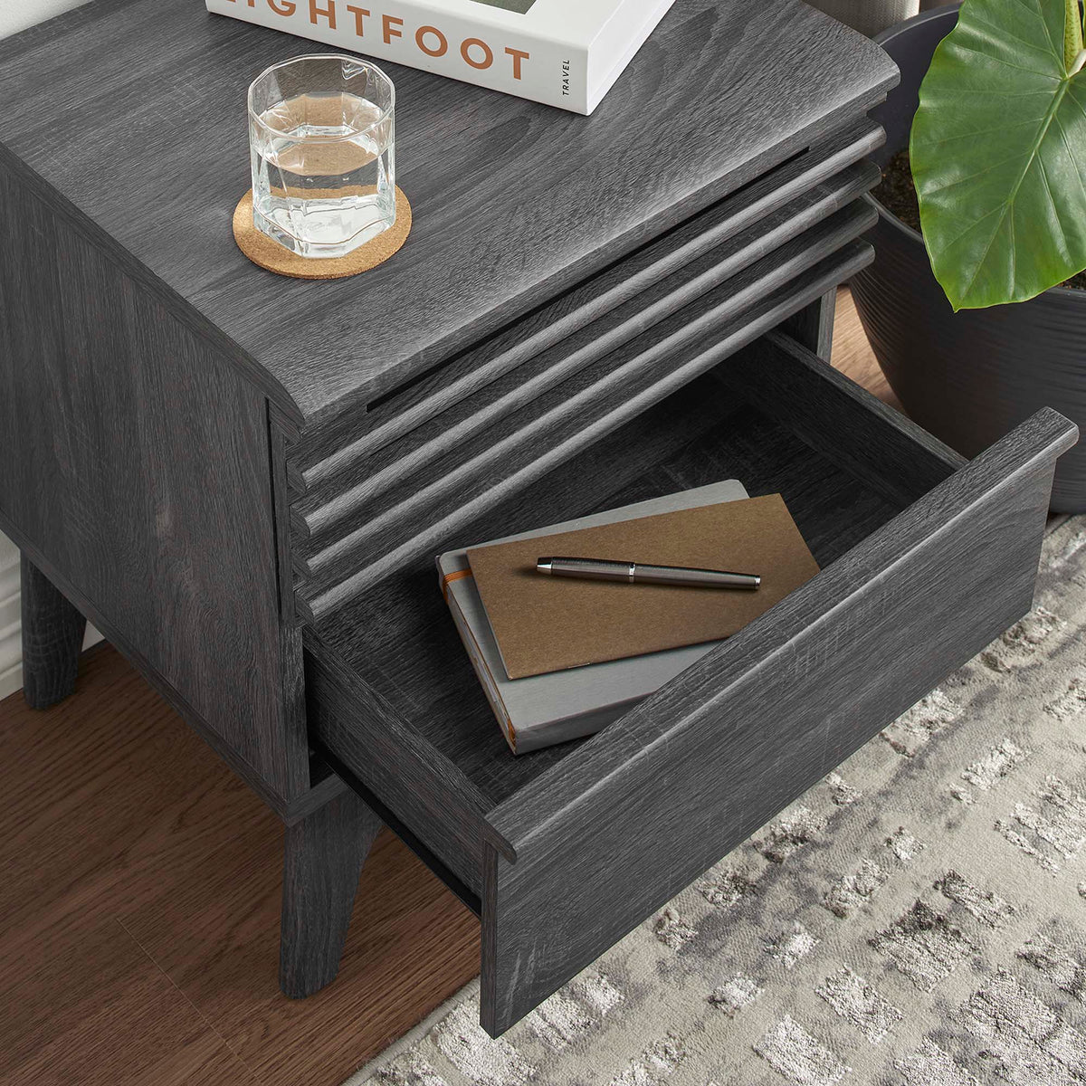 Render Nightstand by Modway in charcoal oak walnut with grooved fronts; glass and book sit on top on Tampa Home & Garden Store