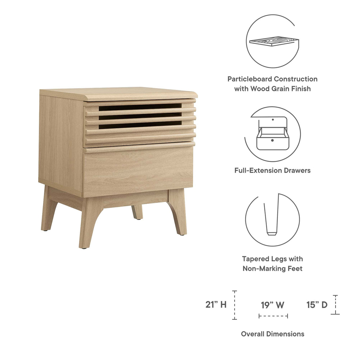 Render Nightstand MOD-7071 by Modway in natural oak with slatted front and tapered legs on Tampa Home & Garden Store