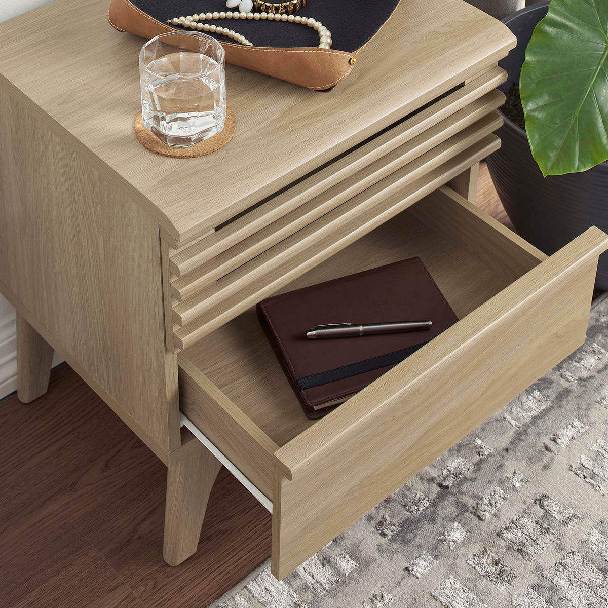 Render Nightstand by Modway in oak finish with slatted drawer fronts on Tampa Home & Garden Store