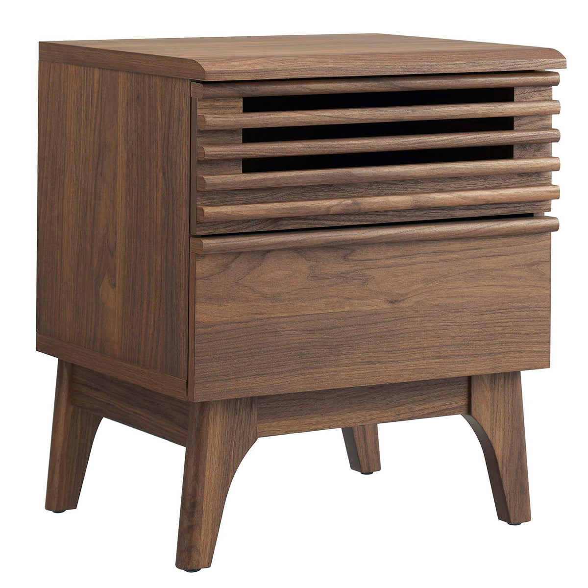 Render Nightstand with walnut finish, horizontal slatted drawers and curved legs on Tampa Home & Garden Store