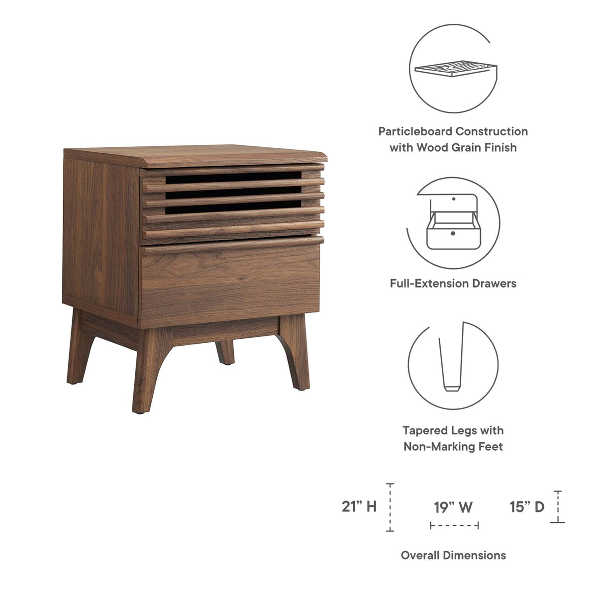 Render Nightstand by Modway in charcoal oak walnut finish with slatted front and tapered legs on Tampa Home & Garden Store