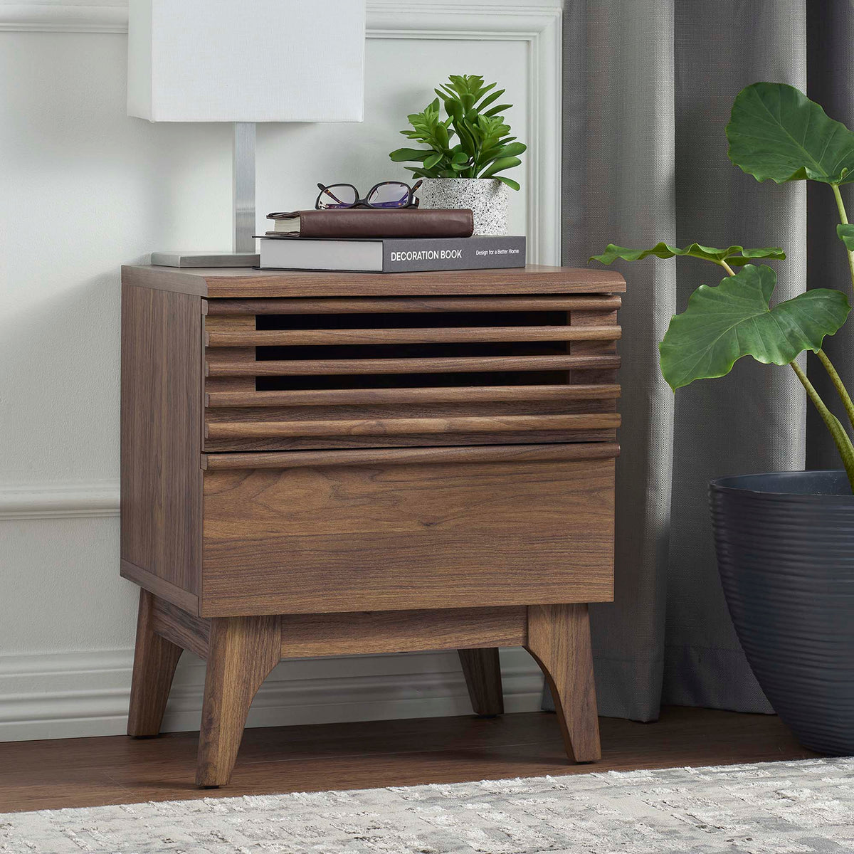 Render Nightstand by Modway in walnut with slatted drawers and plant decor on Tampa Home & Garden Store