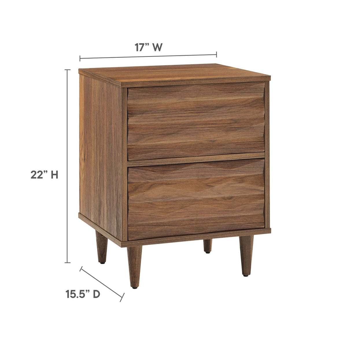 Vespera 2-Drawer Nightstand in walnut wood with tapered mid-century legs on Tampa Home & Garden Store