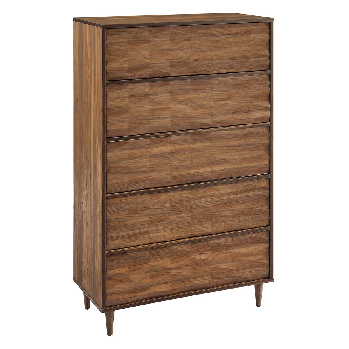 Vespera 5-Drawer Chest walnut wood dresser with tapered mid-century legs on Tampa Home & Garden Store
