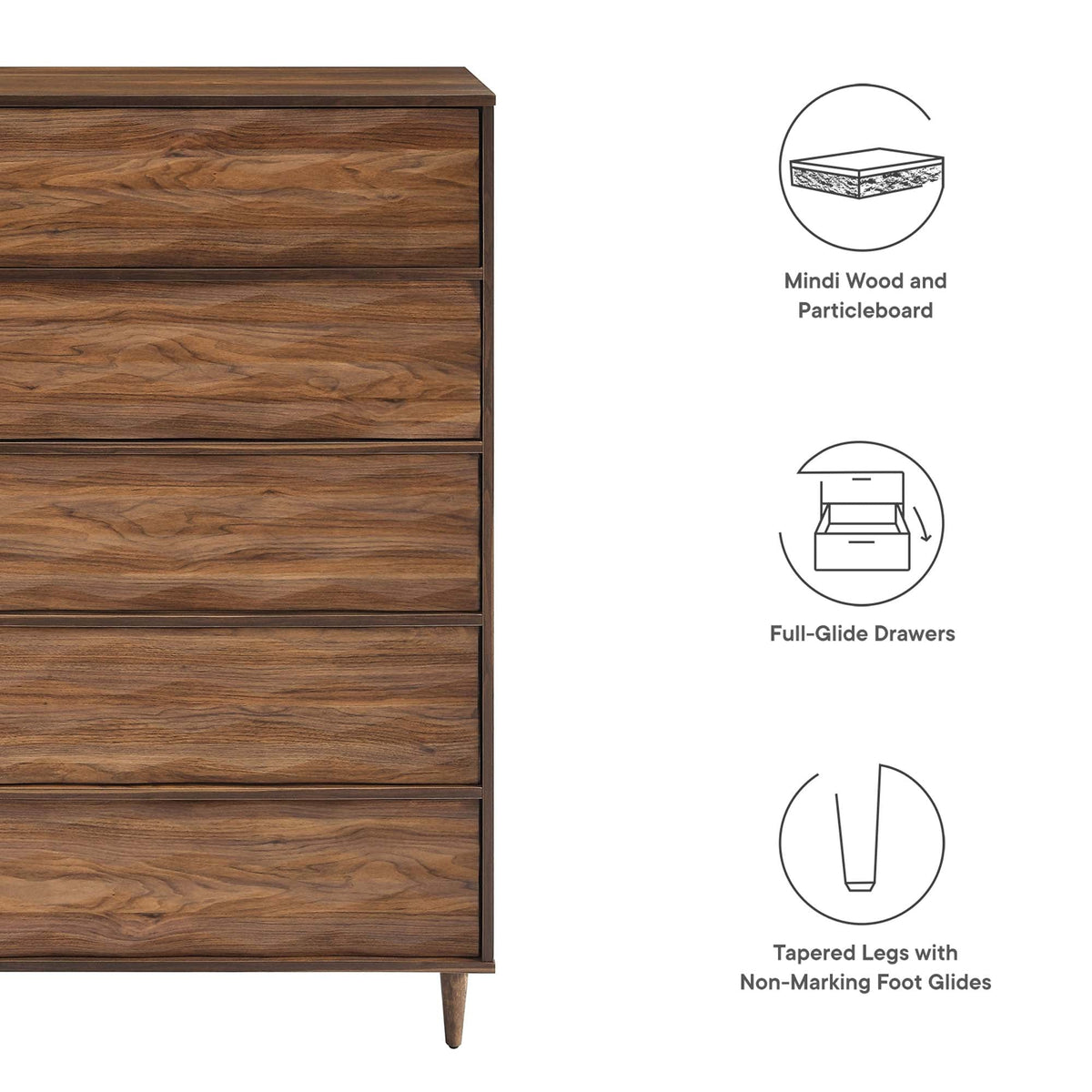 Vespera 5-Drawer Chest in walnut wood finish, dresser with tapered legs on Tampa Home & Garden Store