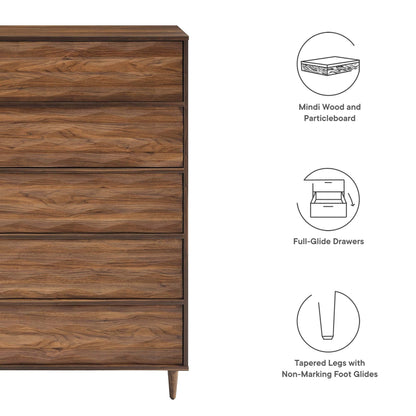 Vespera 5-Drawer Chest in walnut wood finish, dresser with tapered legs on Tampa Home & Garden Store