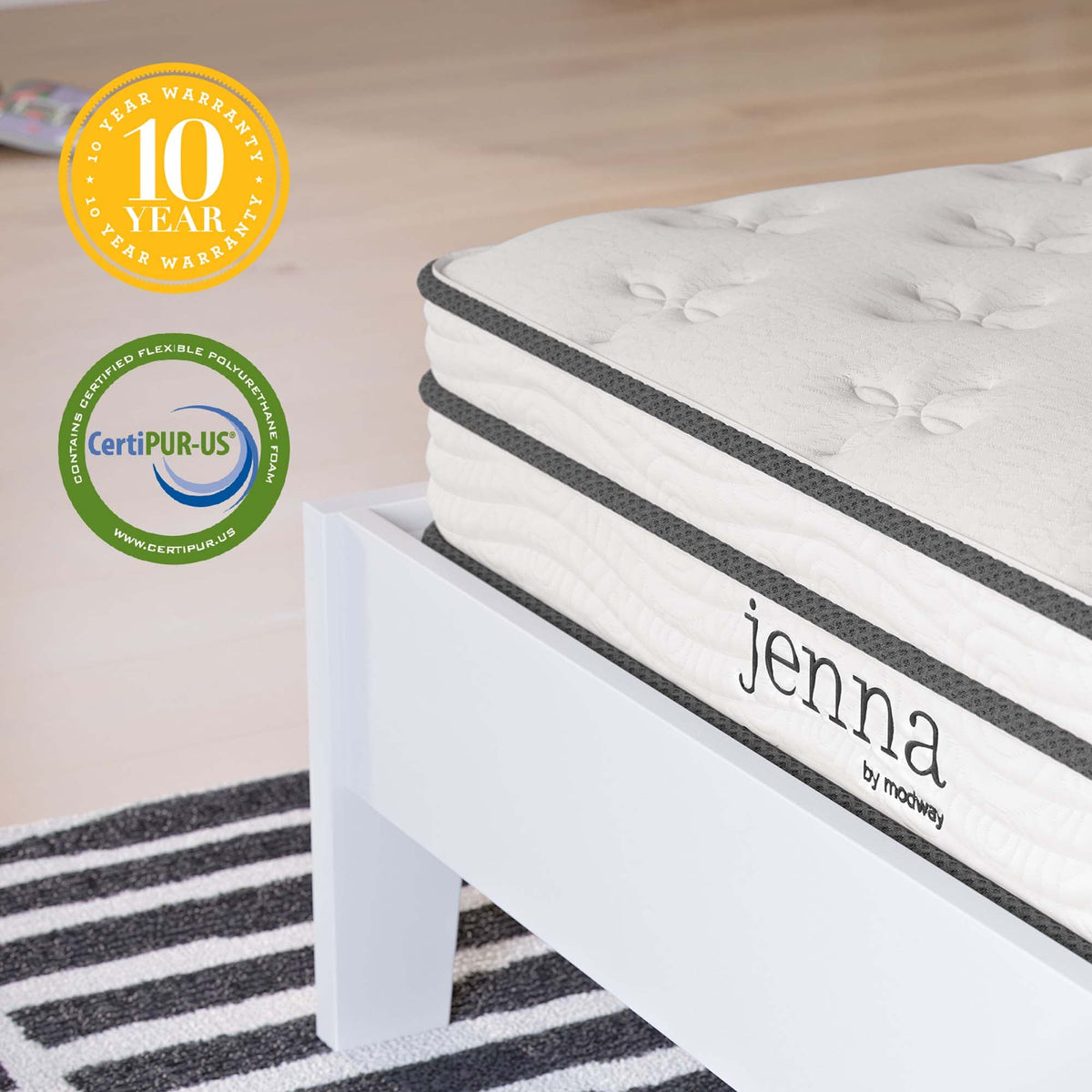 Twin Jenna Innerspring and Foam Narrow Mattress by Modway, white quilted top with dark piping on Tampa Home & Garden Store