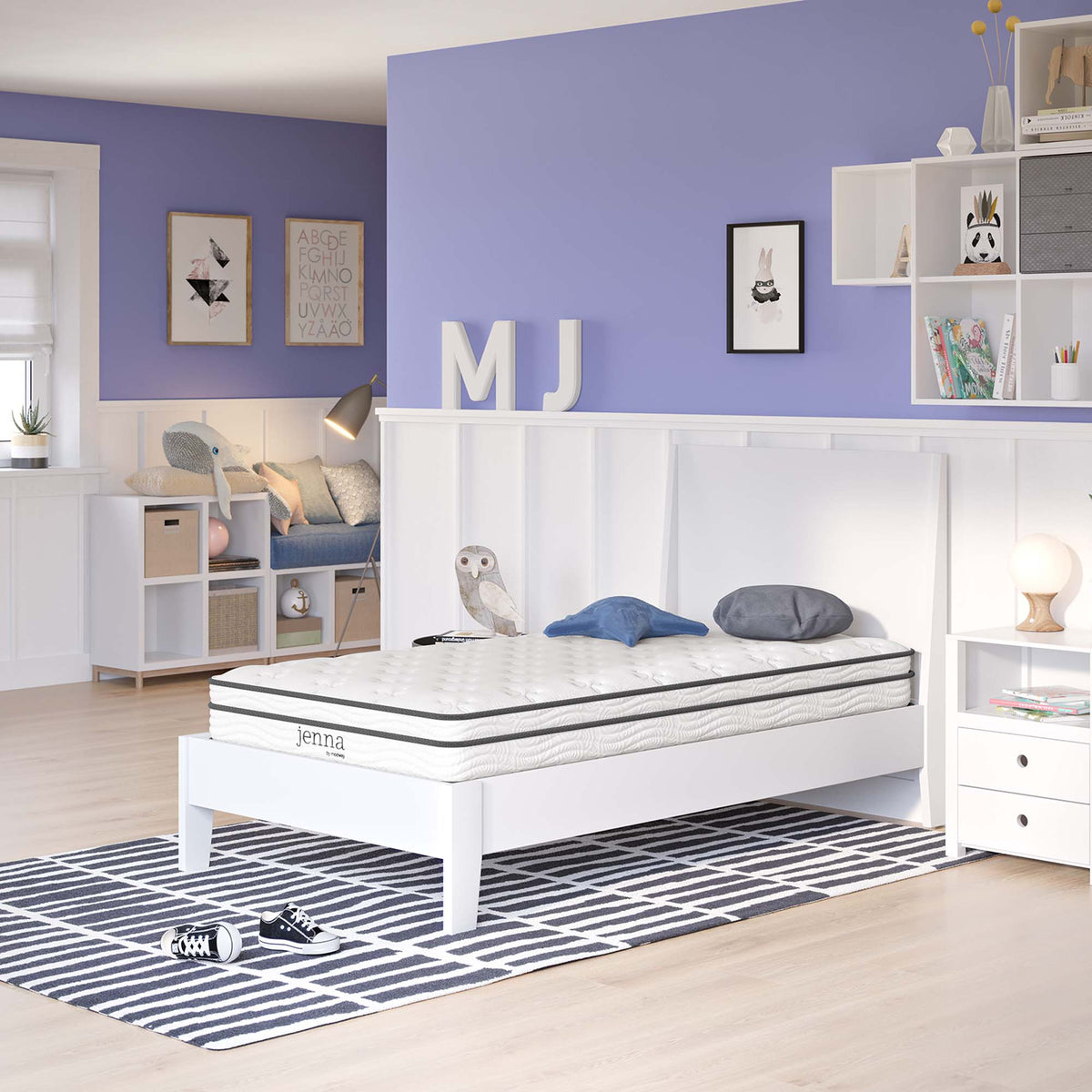 Jenna twin innerspring and foam mattress by Modway on white platform bed in a purple room on Tampa Home & Garden Store