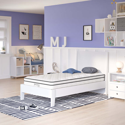Jenna twin innerspring and foam mattress by Modway on white platform bed in a purple room on Tampa Home & Garden Store