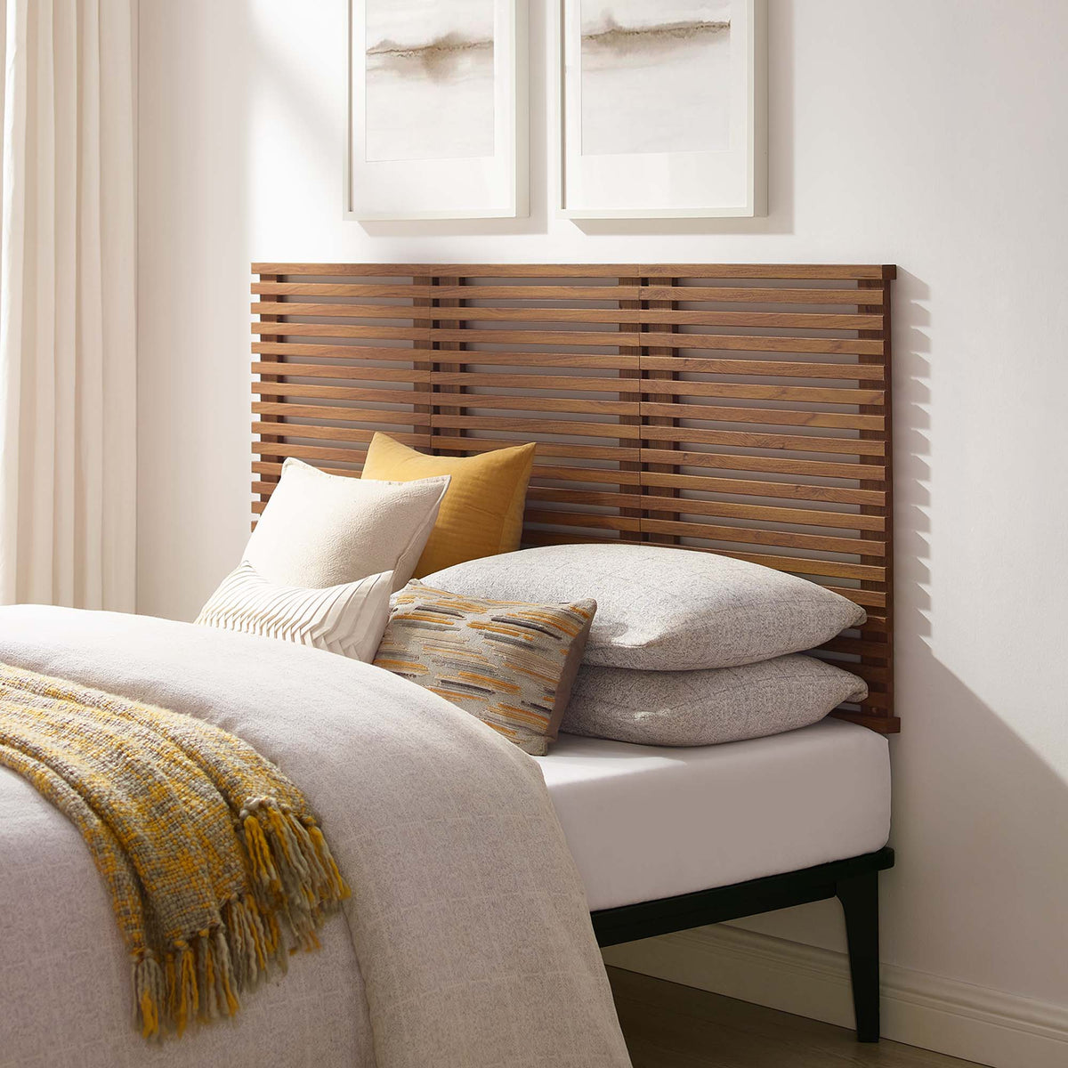 Render Wall Mount Queen Headboard by HouseOfZazla; dark brown wooden slatted headboard on Tampa Home & Garden Store