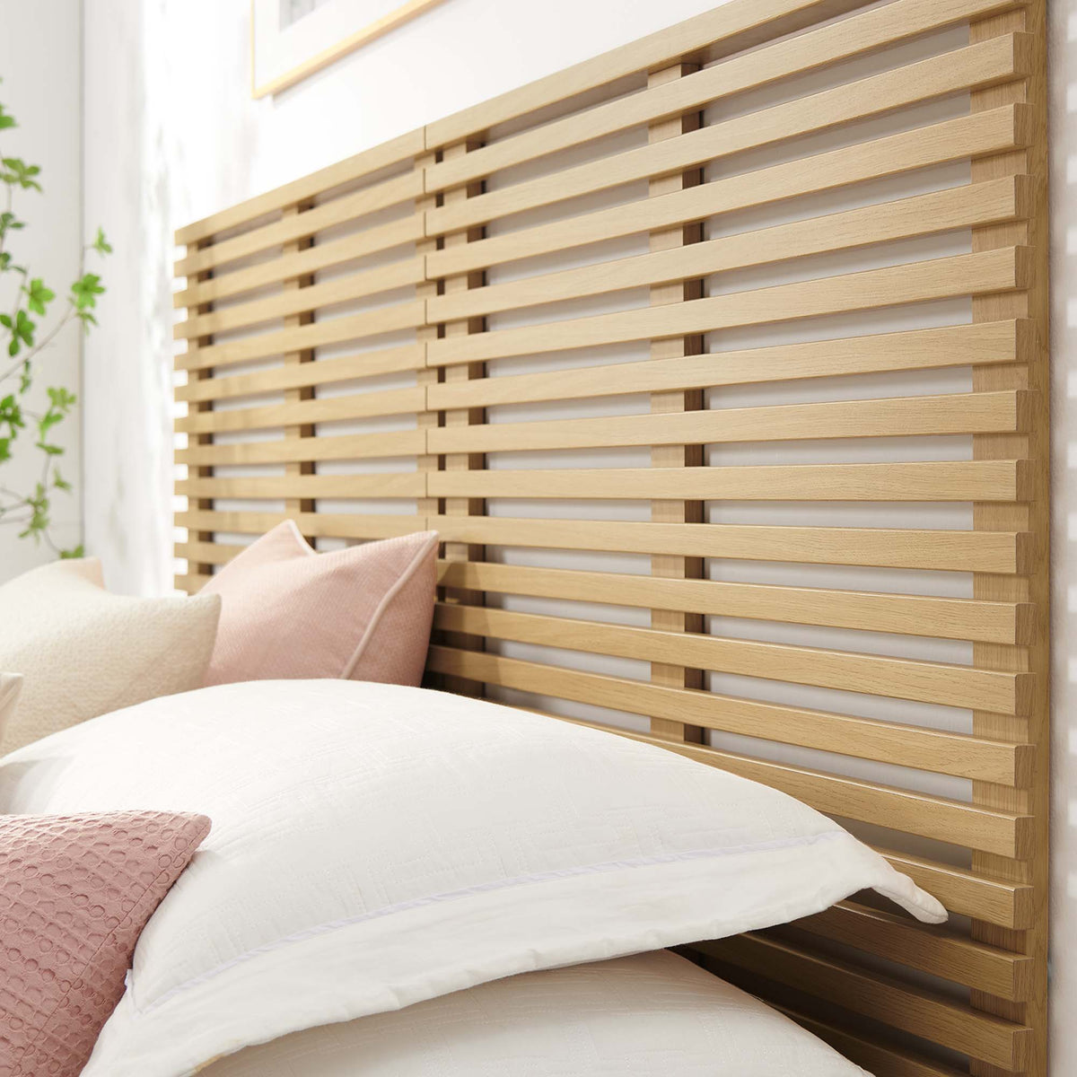 Render Wall Mount King Headboard by Modway in natural wood slat panels for a modern look on Tampa Home & Garden Store