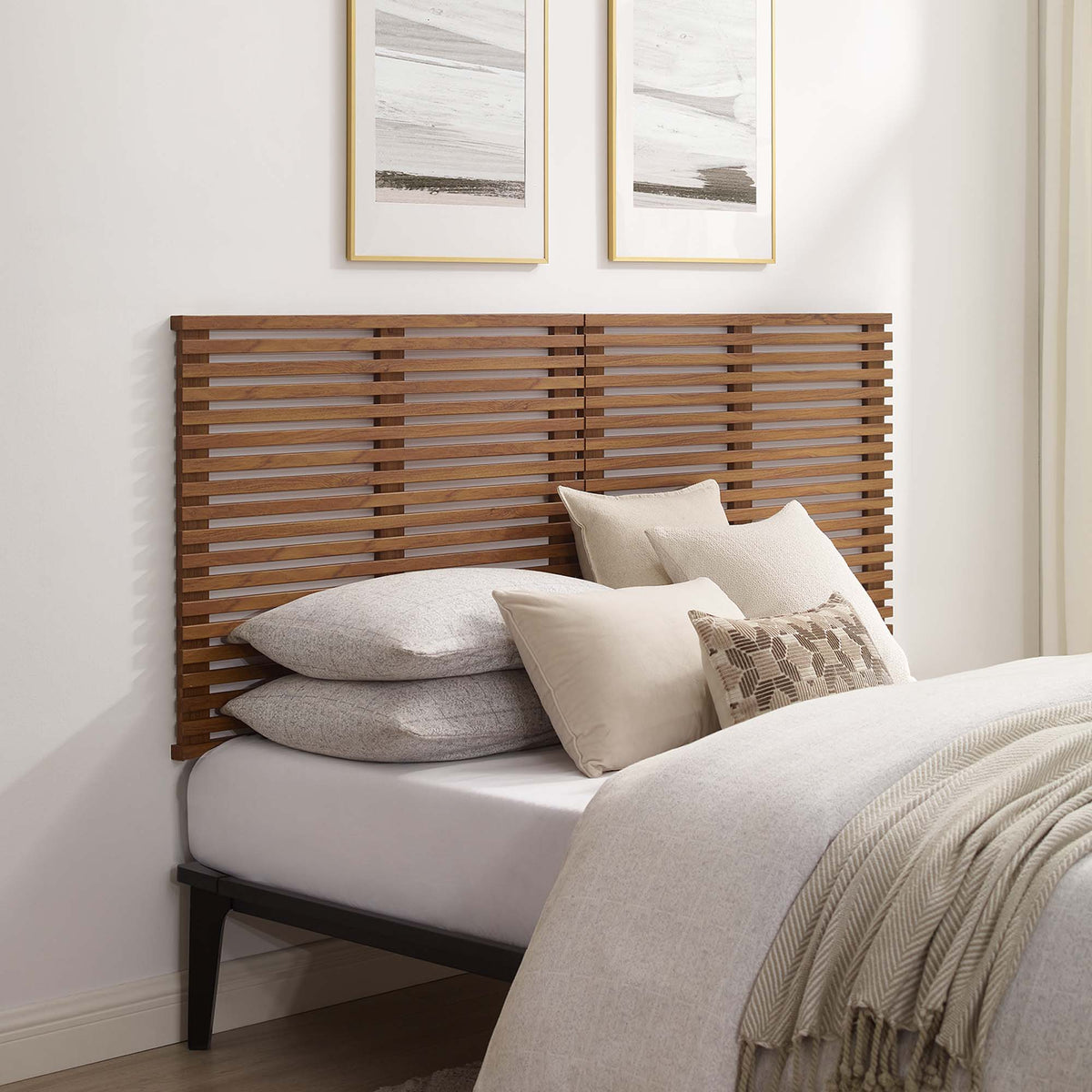 Render Wall Mount King Headboard wood slat design in dark brown finish on Tampa Home & Garden Store