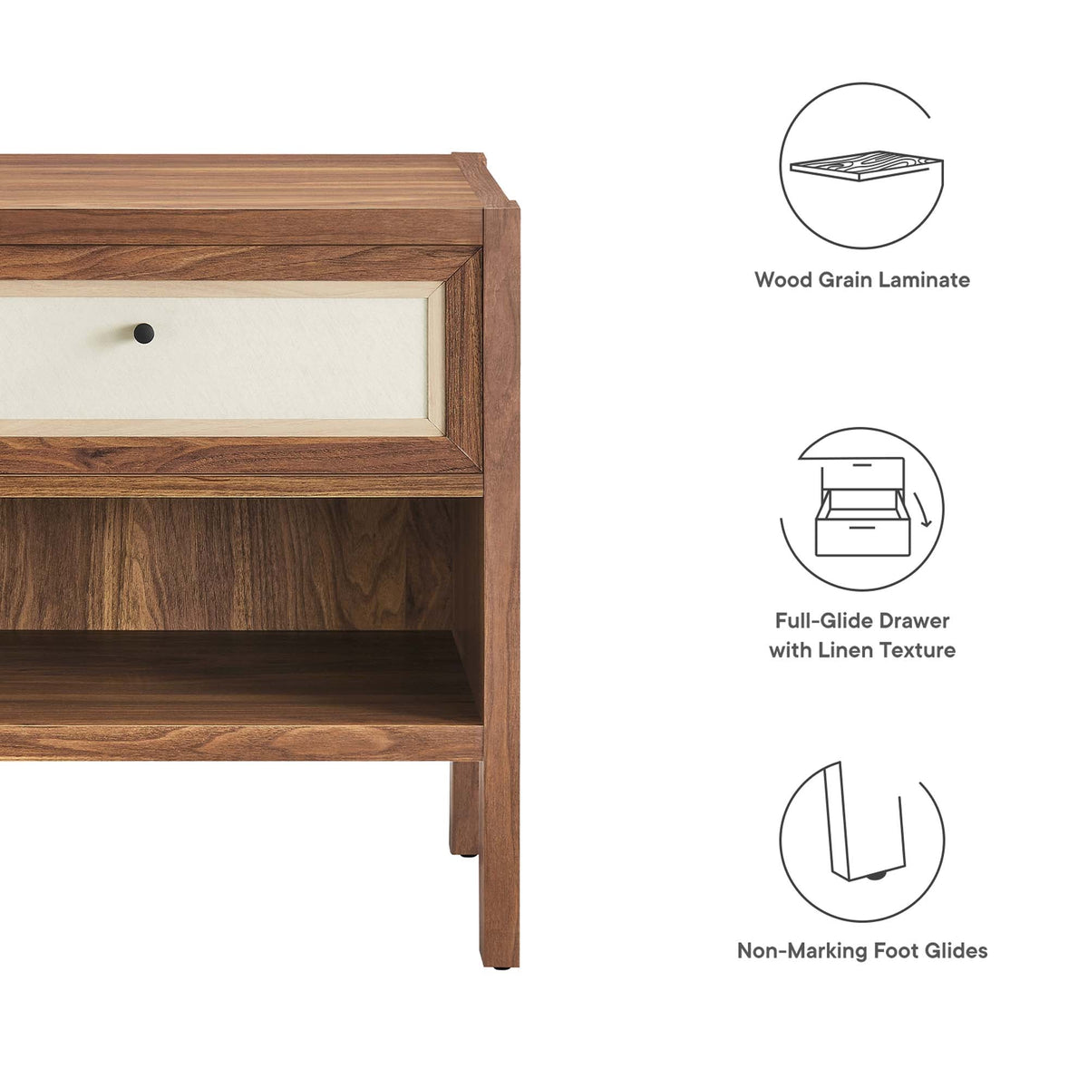 Capri Wood Grain Nightstand by HouseOfZazla, wood grain laminate with cream drawer and knob on Tampa Home & Garden Store