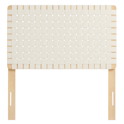 Sparta Weave vegan leather twin headboard in cream with woven panel pattern on natural wood legs on Tampa Home & Garden Store
