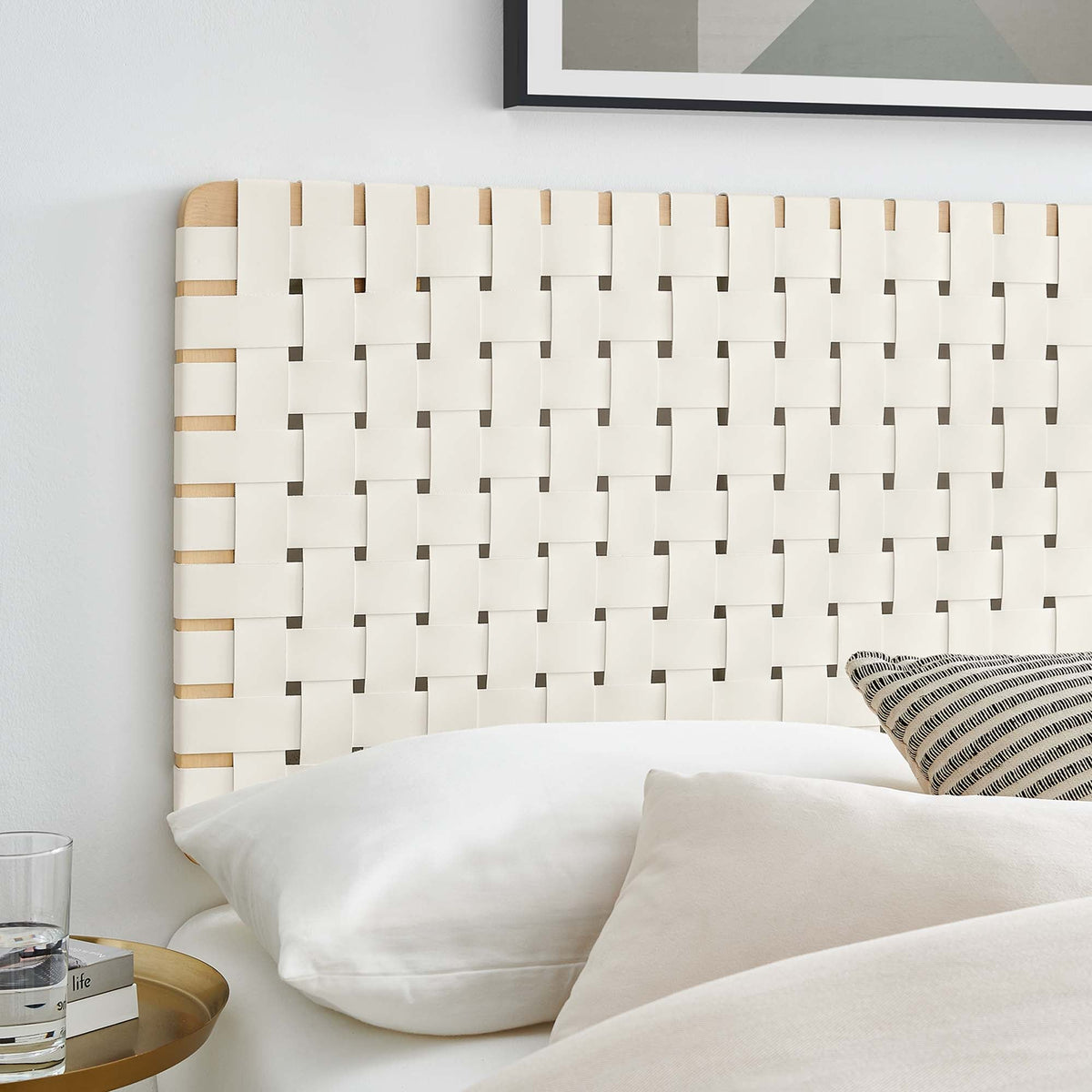 Sparta Weave vegan leather headboard by Modway in natural beige with white woven panels on Tampa Home & Garden Store