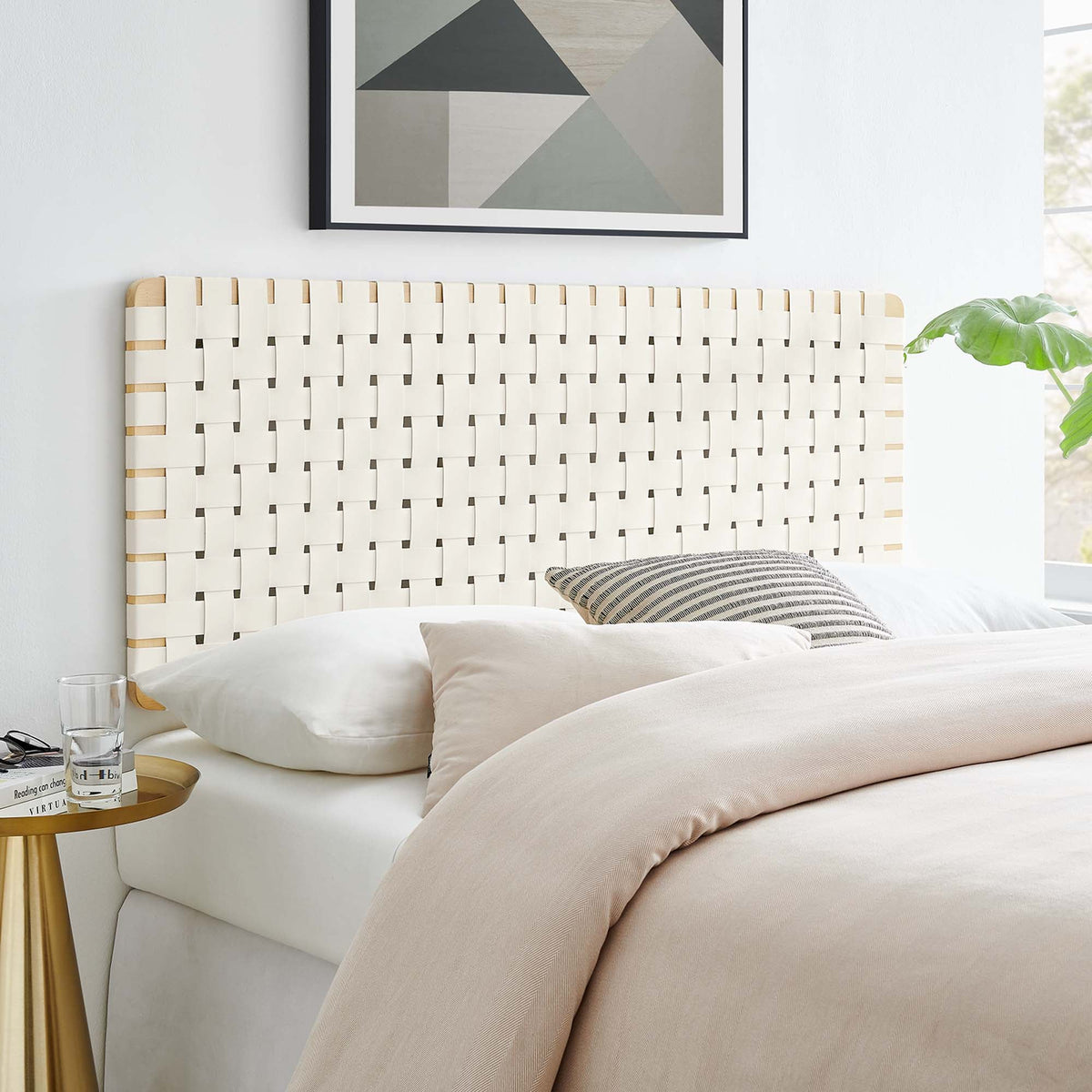 Sparta Weave vegan leather full headboard by Modway in natural beige with light wood frame on Tampa Home & Garden Store