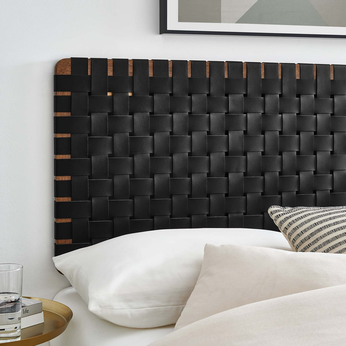 Sparta Weave vegan leather full headboard by Modway in Walnut Black with woven black straps on Tampa Home & Garden Store
