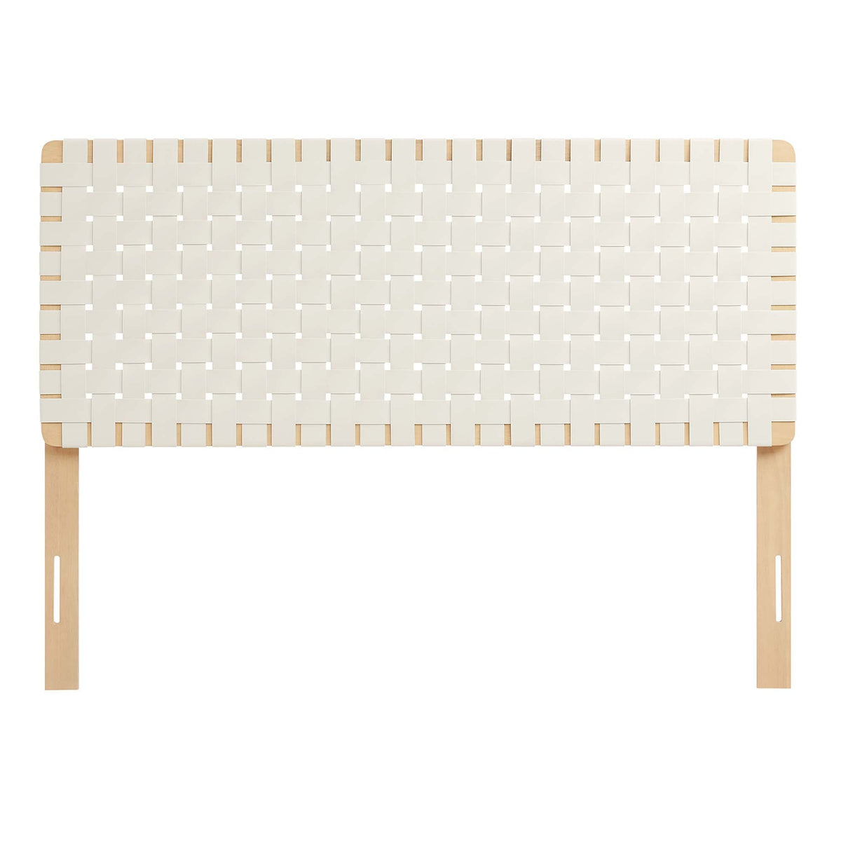 Sparta Weave vegan leather headboard in white with woven straps and light wood frame on Tampa Home & Garden Store