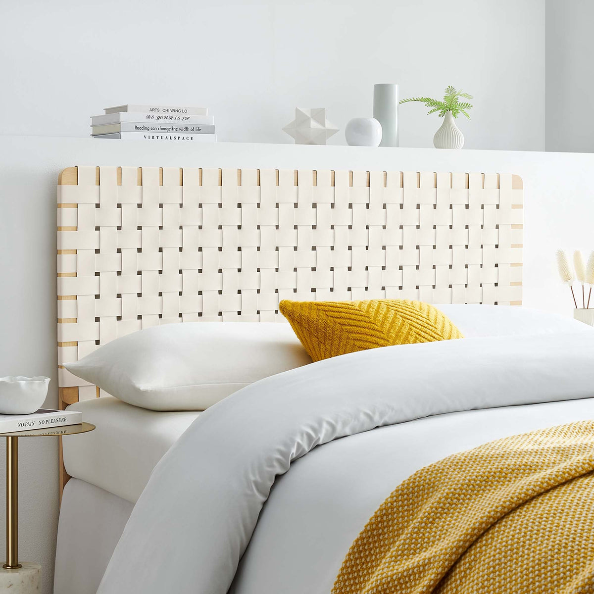 Sparta Weave Vegan Leather Headboard by Modway, cream woven headboard with light wood frame on Tampa Home & Garden Store