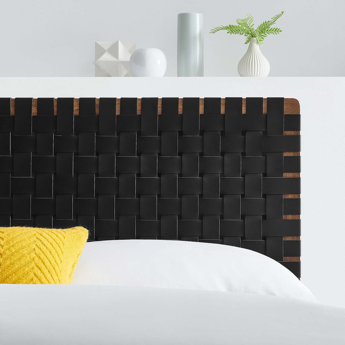Sparta Weave vegan leather headboard in black with wood trim by Modway, HouseOfZazla on Tampa Home & Garden Store