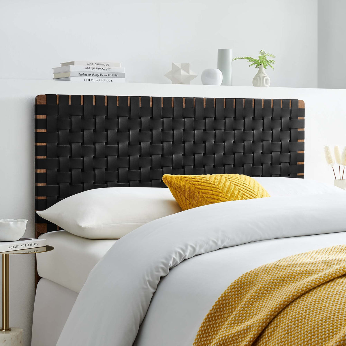 Sparta Weave vegan leather headboard in black with woven straps by Modway on white bedding on Tampa Home & Garden Store