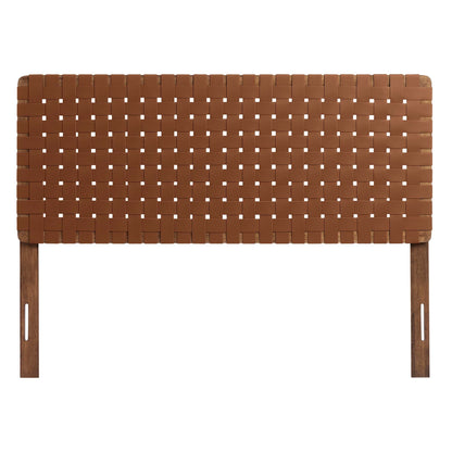Sparta Weave vegan leather headboard in warm brown with woven strap panels and wood frame on Tampa Home & Garden Store