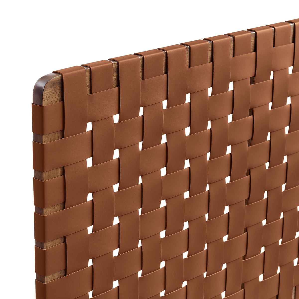 Sparta Weave vegan leather headboard with brown woven straps over wood by HouseOfZazla on Tampa Home & Garden Store