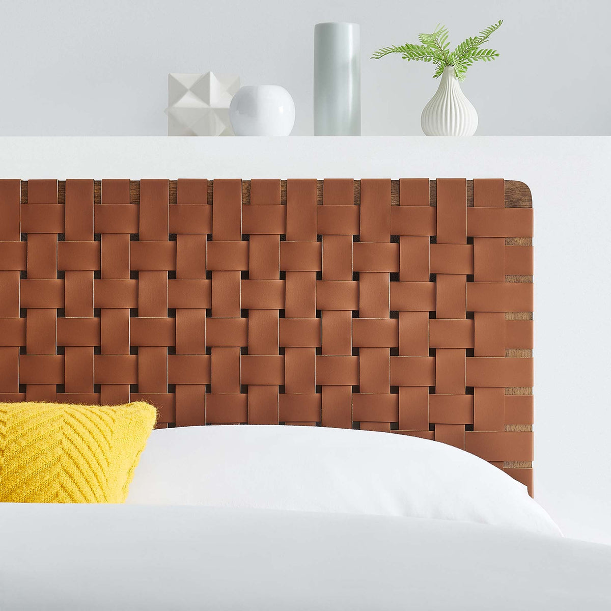 Sparta Weave vegan leather headboard by Modway with warm brown woven straps on Tampa Home & Garden Store