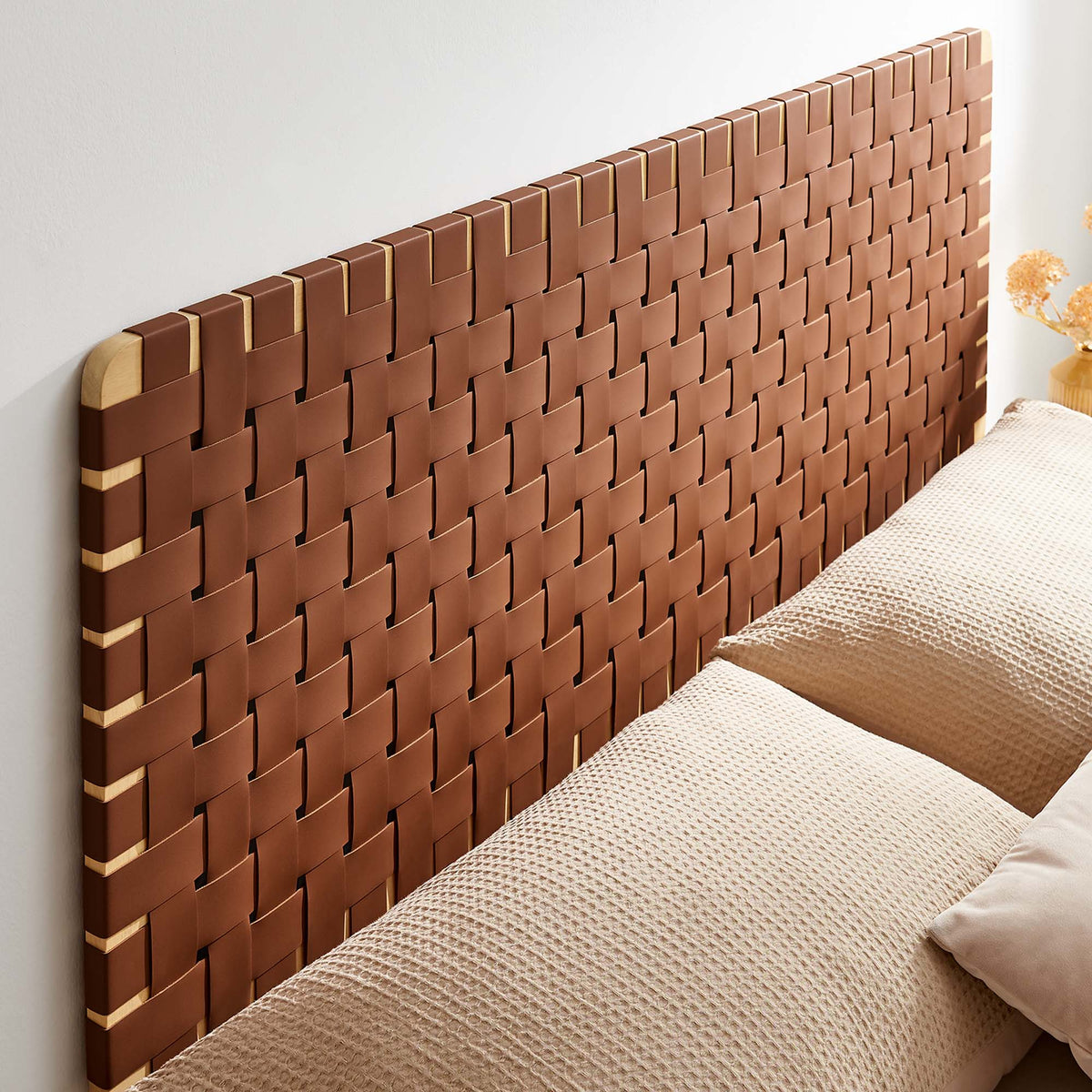 Sparta vegan leather weave queen headboard with brown panels and wood-frame edge by Modway on Tampa Home & Garden Store