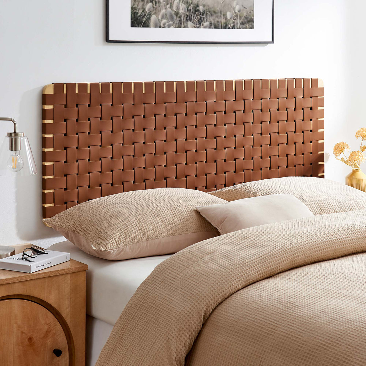 Sparta vegan leather weave queen headboard in brown with tan edge by Modway on Tampa Home & Garden Store