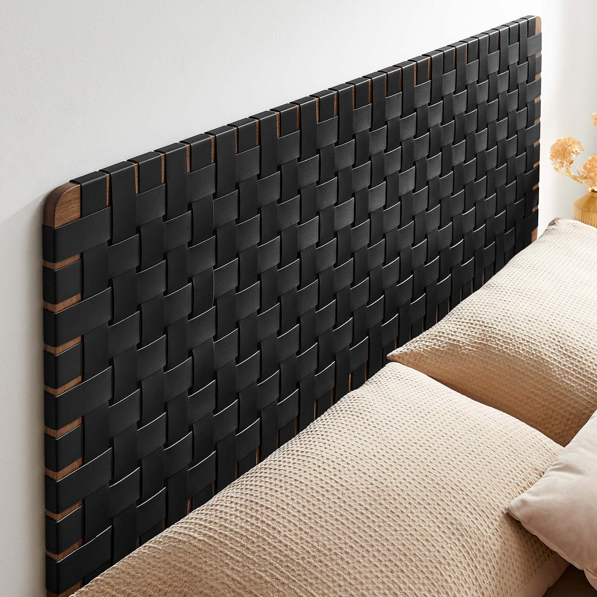 Sparta vegan leather weave queen headboard by Modway, black woven panels with wood accents on Tampa Home & Garden Store