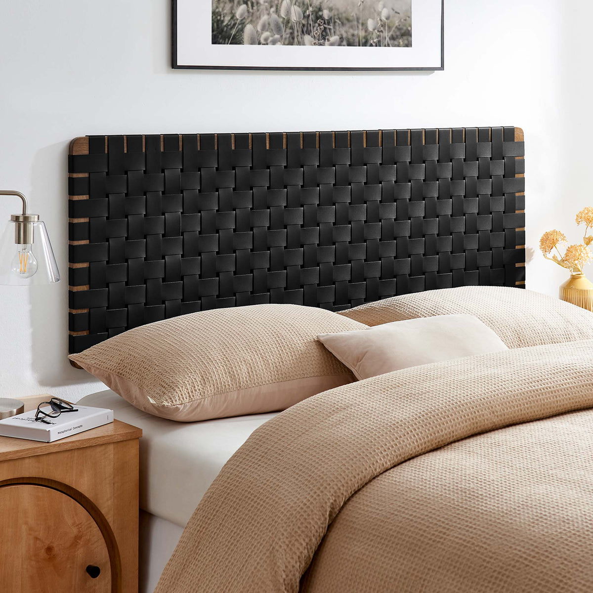 Sparta vegan leather weave queen headboard by Modway, black woven panels with wood trim on Tampa Home & Garden Store