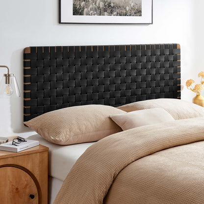 Sparta vegan leather weave queen headboard by Modway, black woven panels with wood trim on Tampa Home & Garden Store