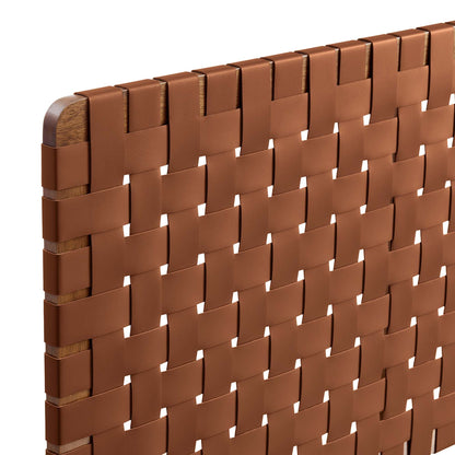Sparta vegan leather weave queen headboard, brown strap weave over wood frame for bedroom on Tampa Home & Garden Store