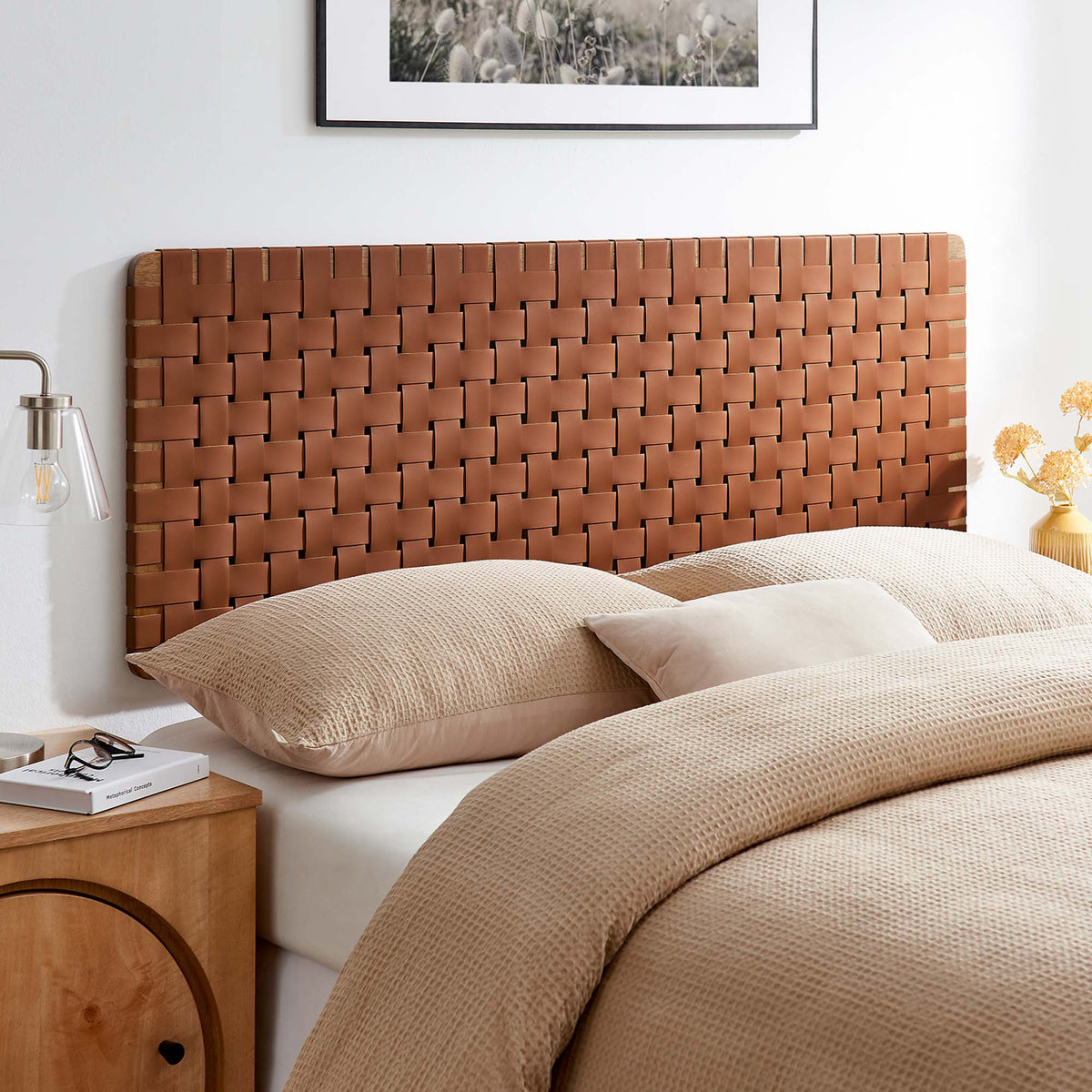 Sparta vegan leather weave queen headboard in caramel brown by Modway on Tampa Home & Garden Store