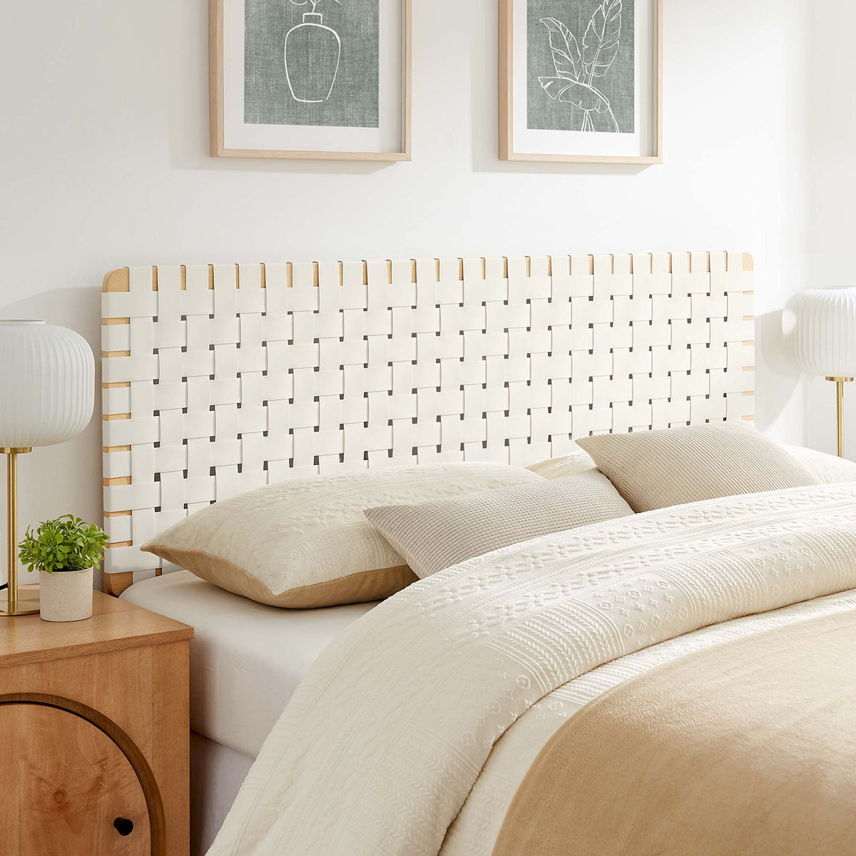 Sparta Weave vegan leather headboard by Modway, white woven panels with light wood frame on Tampa Home & Garden Store