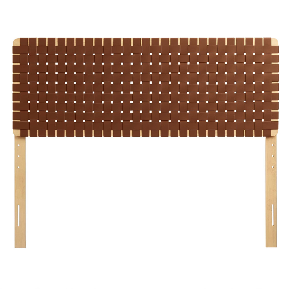 Sparta Weave vegan leather headboard in brown with natural wood frame on Tampa Home & Garden Store