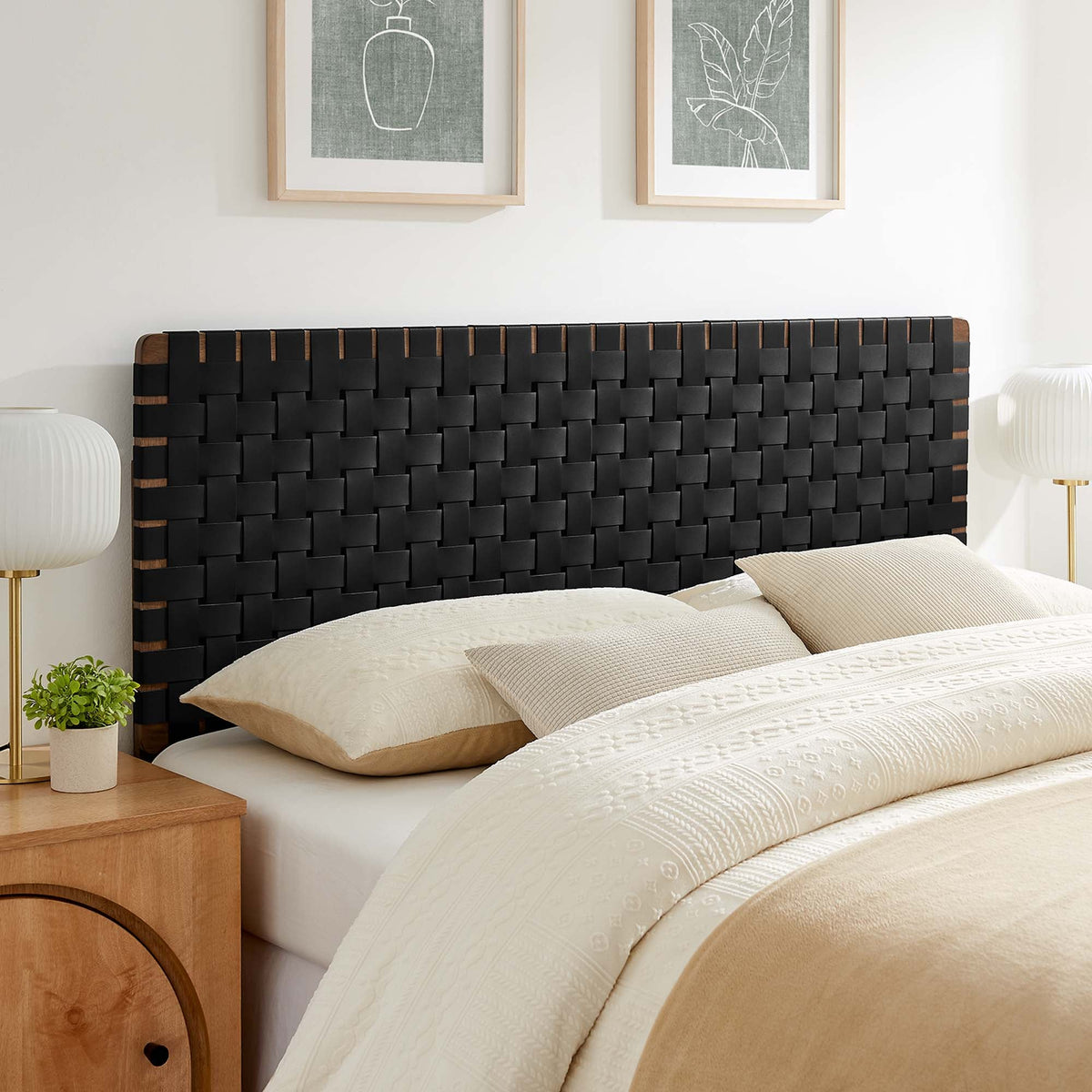 Sparta Weave vegan leather headboard in black with woven panels and wood trim by Modway on Tampa Home & Garden Store
