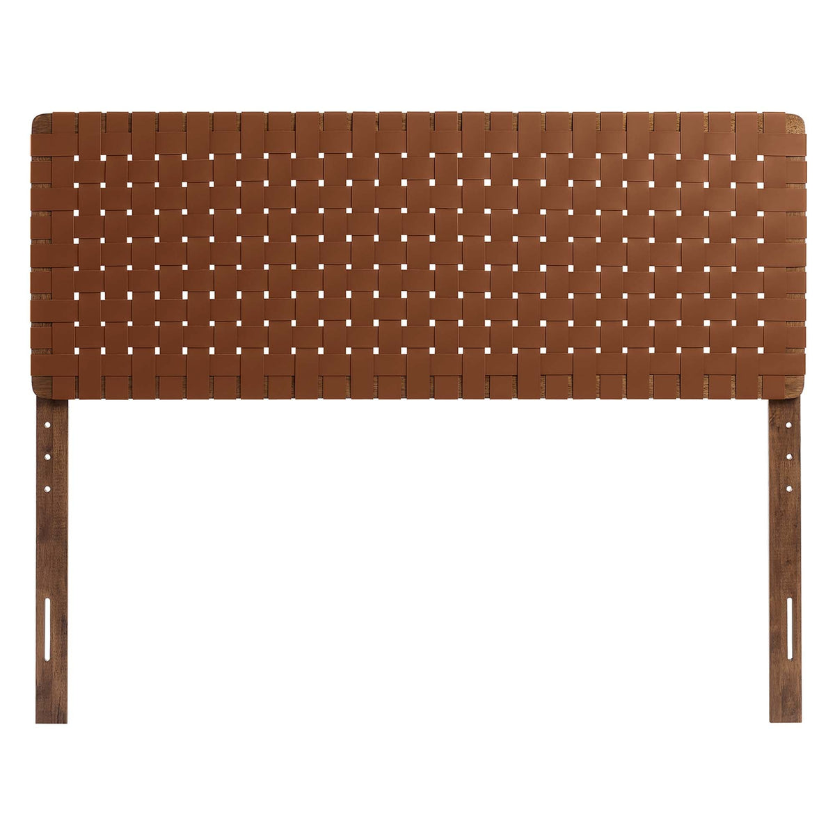 Sparta Weave vegan leather headboard in warm brown with woven strap pattern and wooden legs on Tampa Home & Garden Store