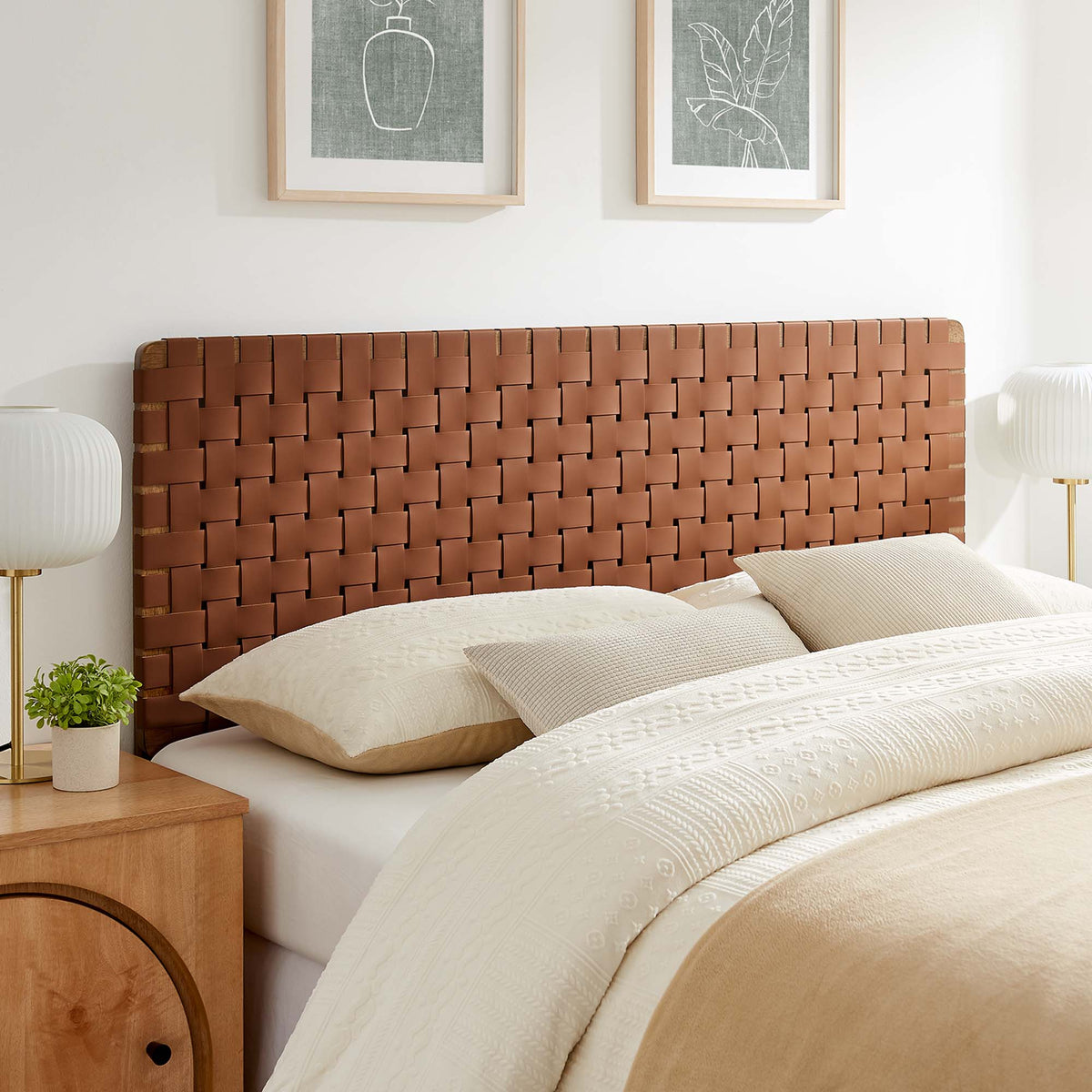 Sparta Weave vegan leather headboard in brown with woven square pattern by Modway on Tampa Home and Garden Store